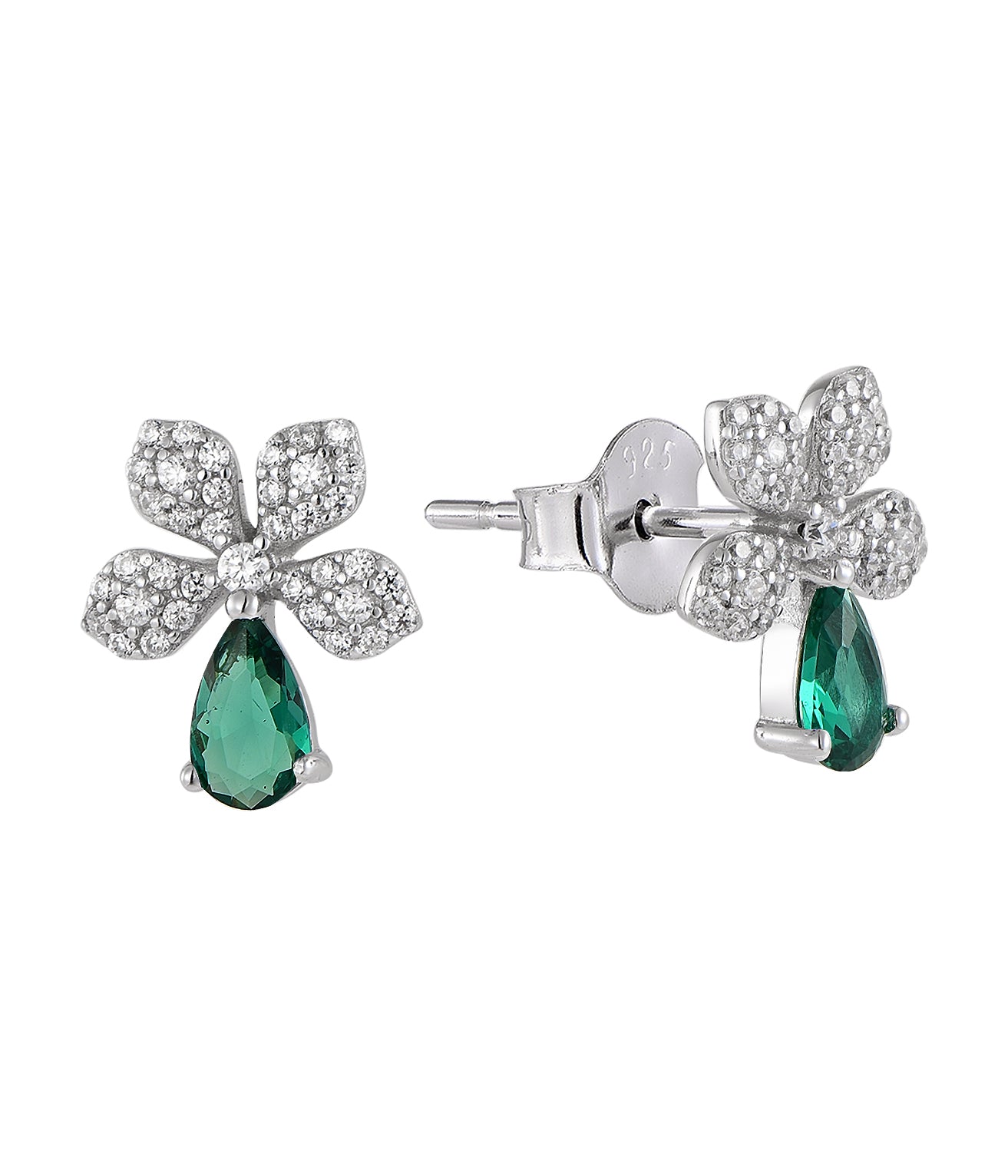 Emerald Pear Drop Pavé Flower Earrings