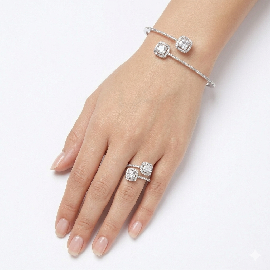 Emerald Halo Cuff Bracelet & Ring Set