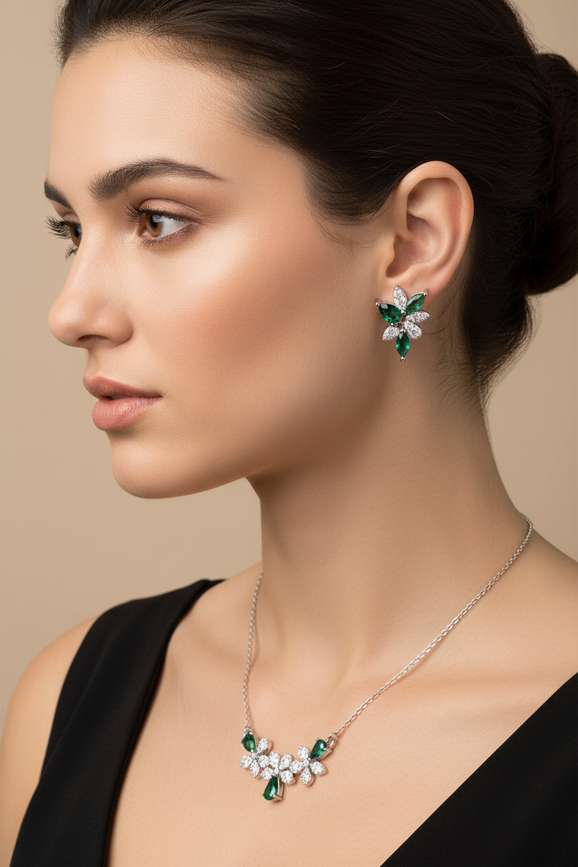 Emerald Floral CZ Set on Model v2
