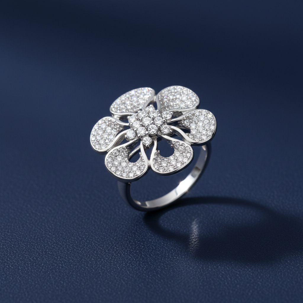 Silver Flower Ring Blue Background