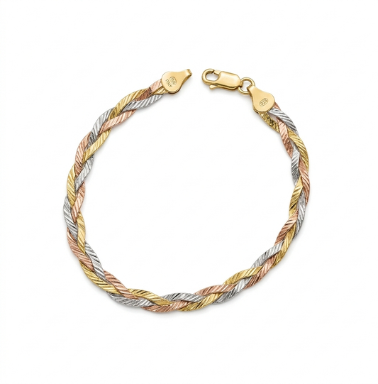 Tri-Colour Twisted Herringbone Bracelet – 925 Sterling Silver