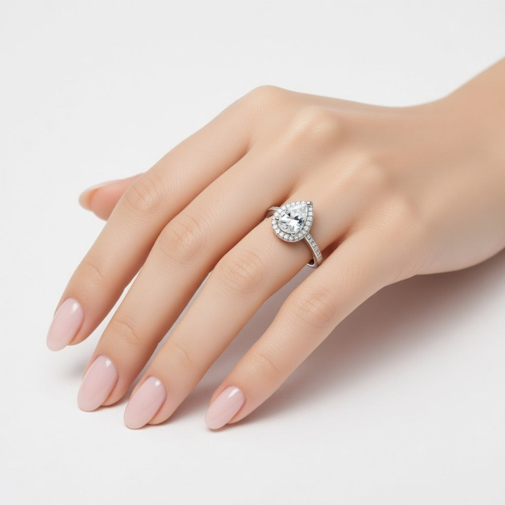 Teardrop Halo Silver Ring