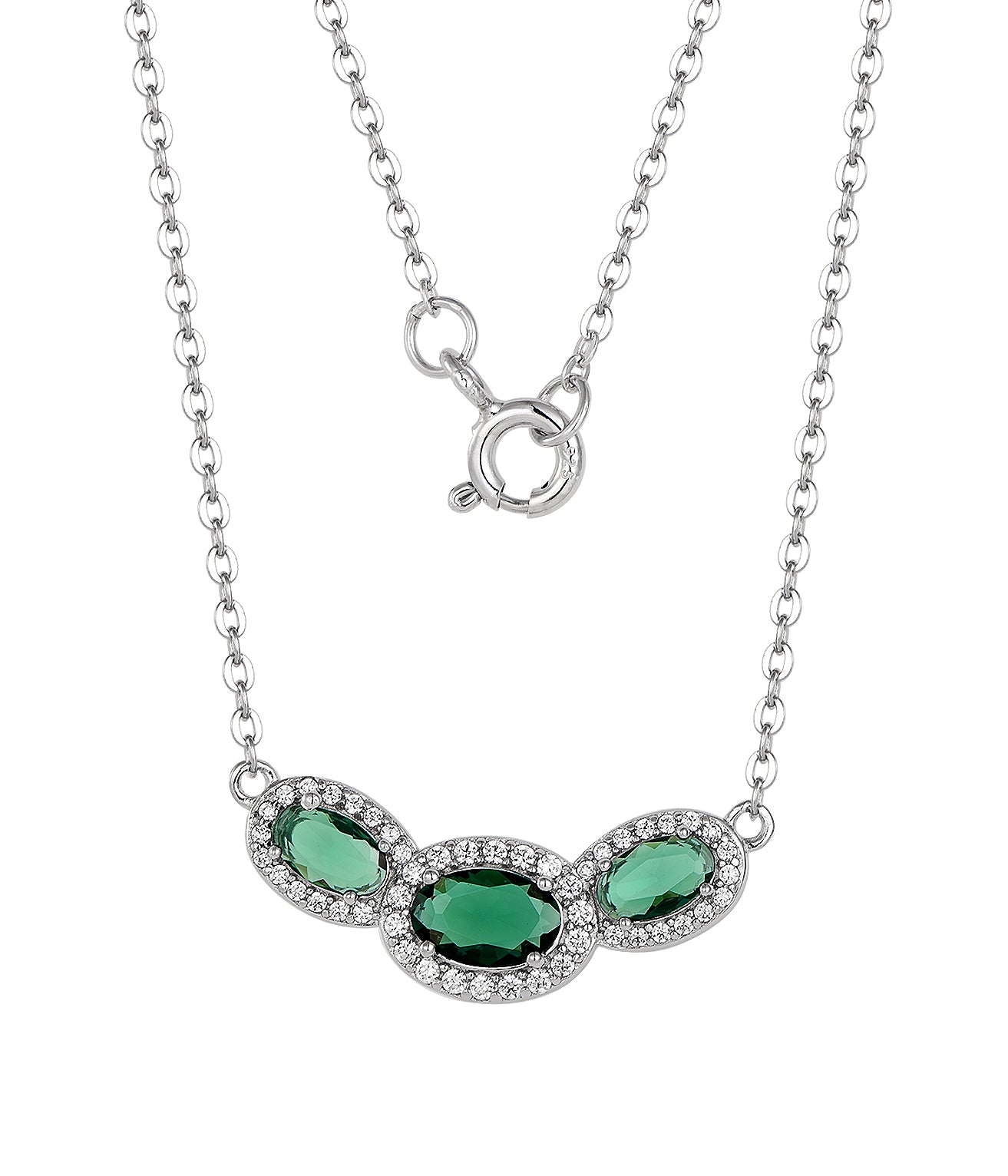 Emerald Oval Halo Trio Bar Necklace