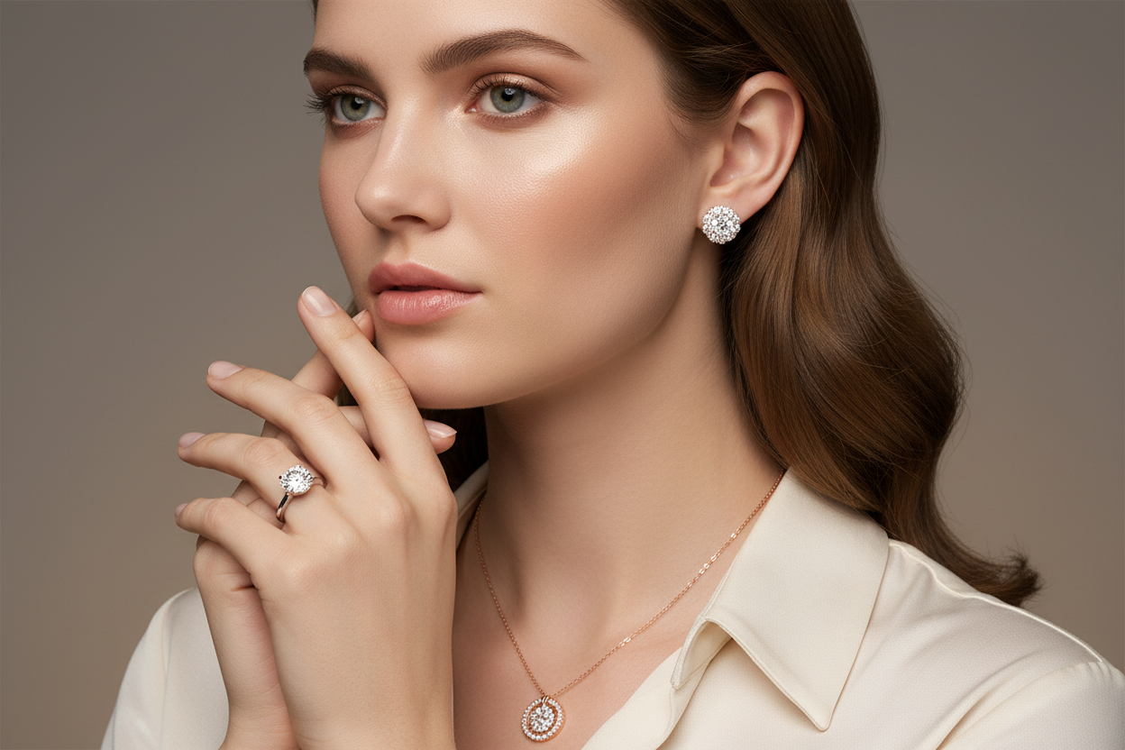 a british model wearing a solitaire ring with studded earring and a rose gold pendant 