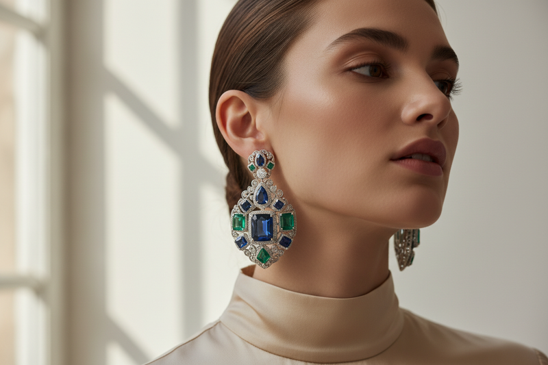 a model wearing beautiful eaarings in silver sterling jewellery studed with stones