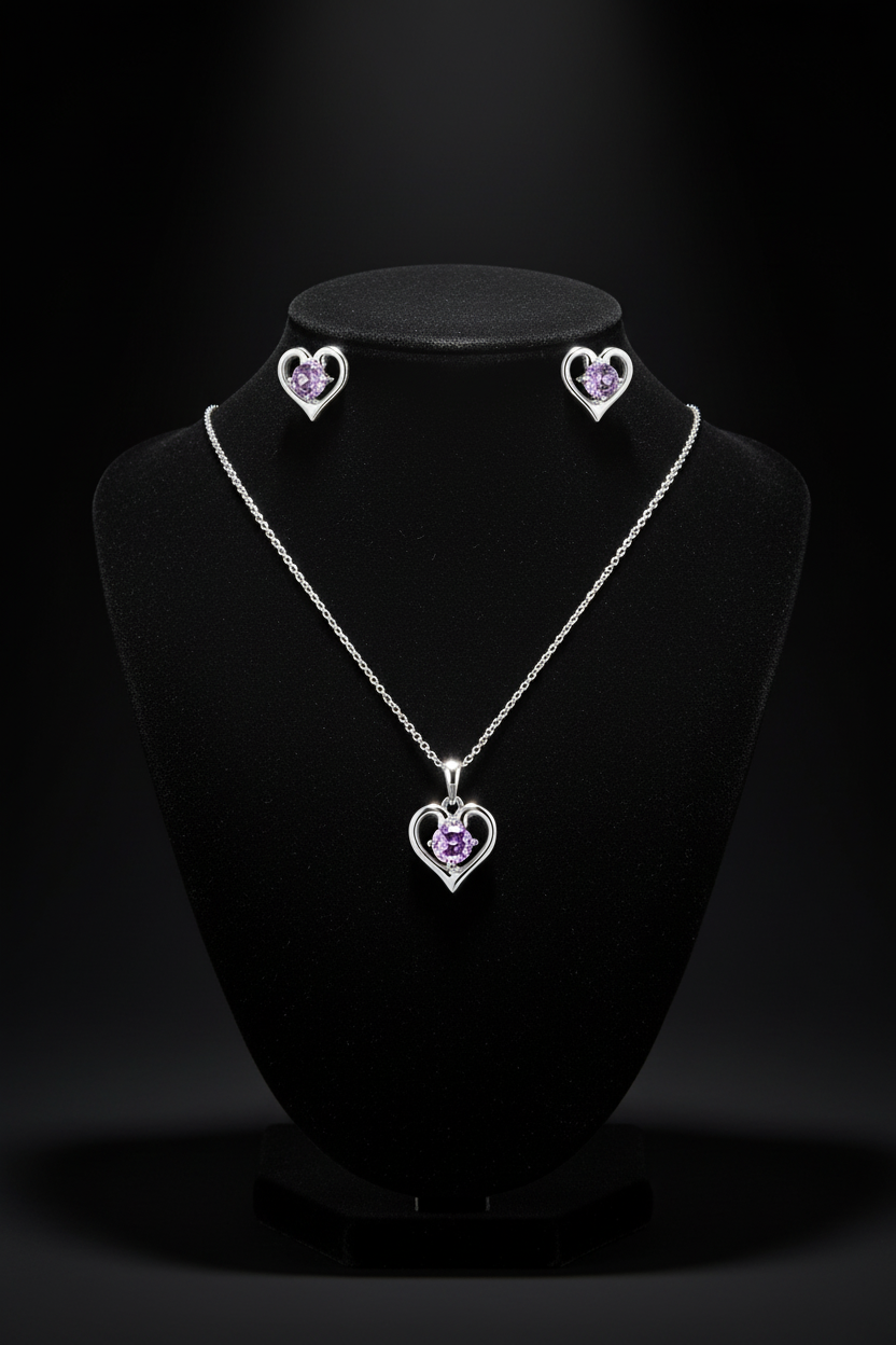 Amethyst Heart Set on Black Velvet Mannequin