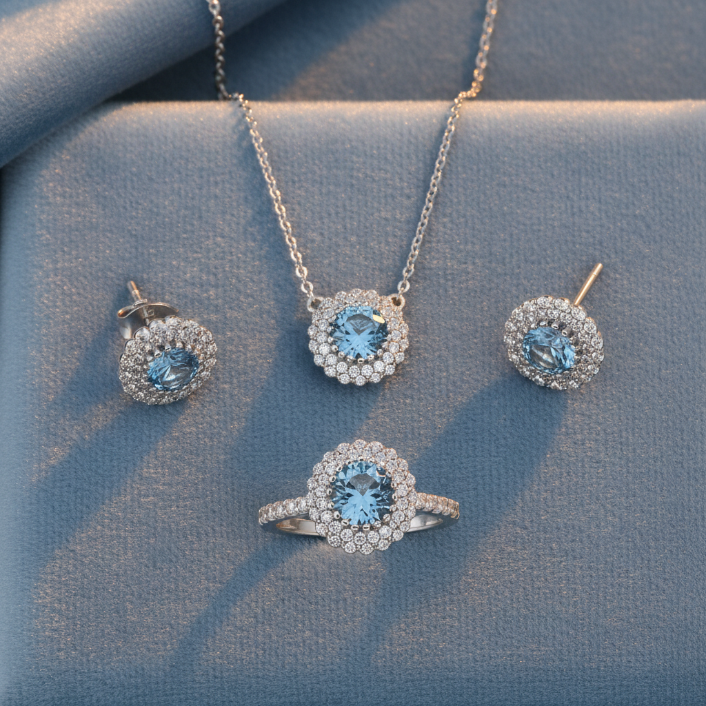 Aquamarine Double Halo Set on Blue Velvet