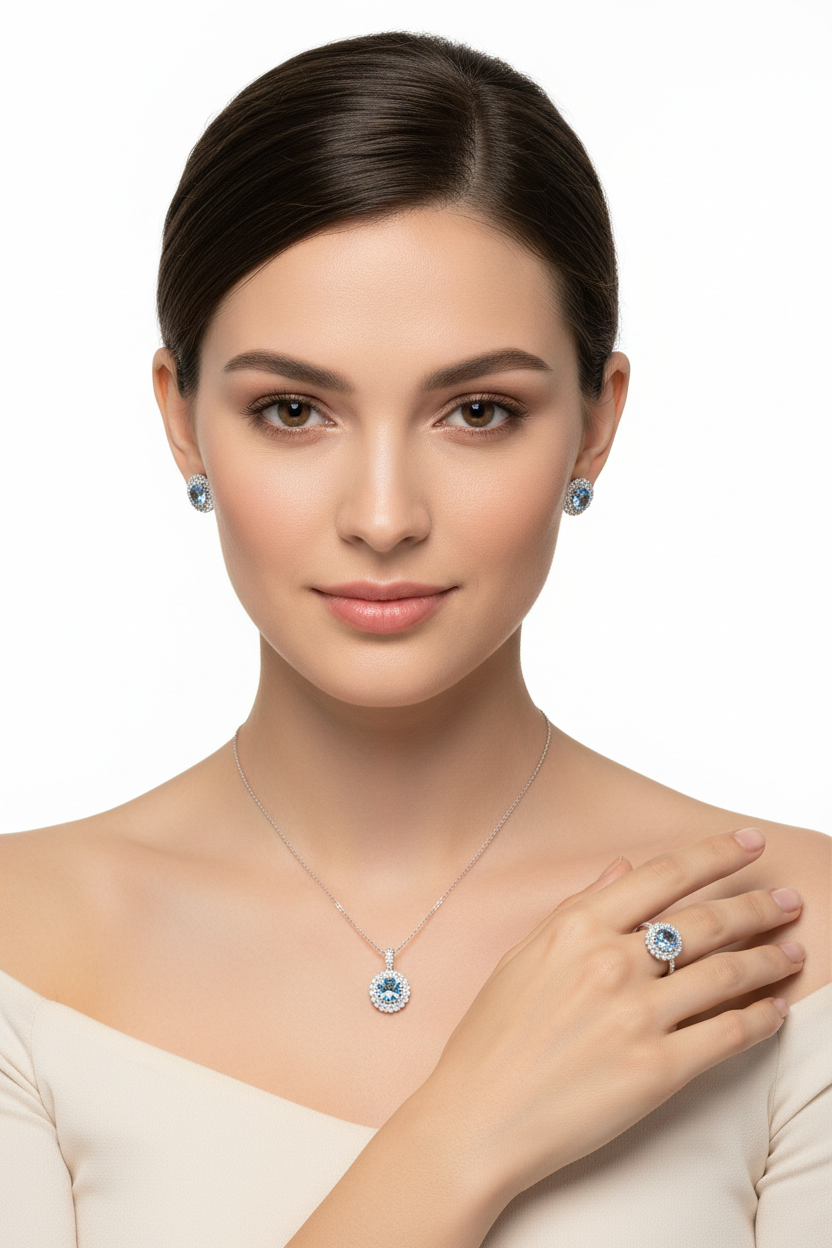 Aquamarine Double Halo Set on Model