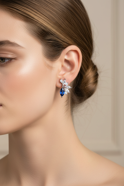 Blue Sapphire CZ Cluster Earrings on Model