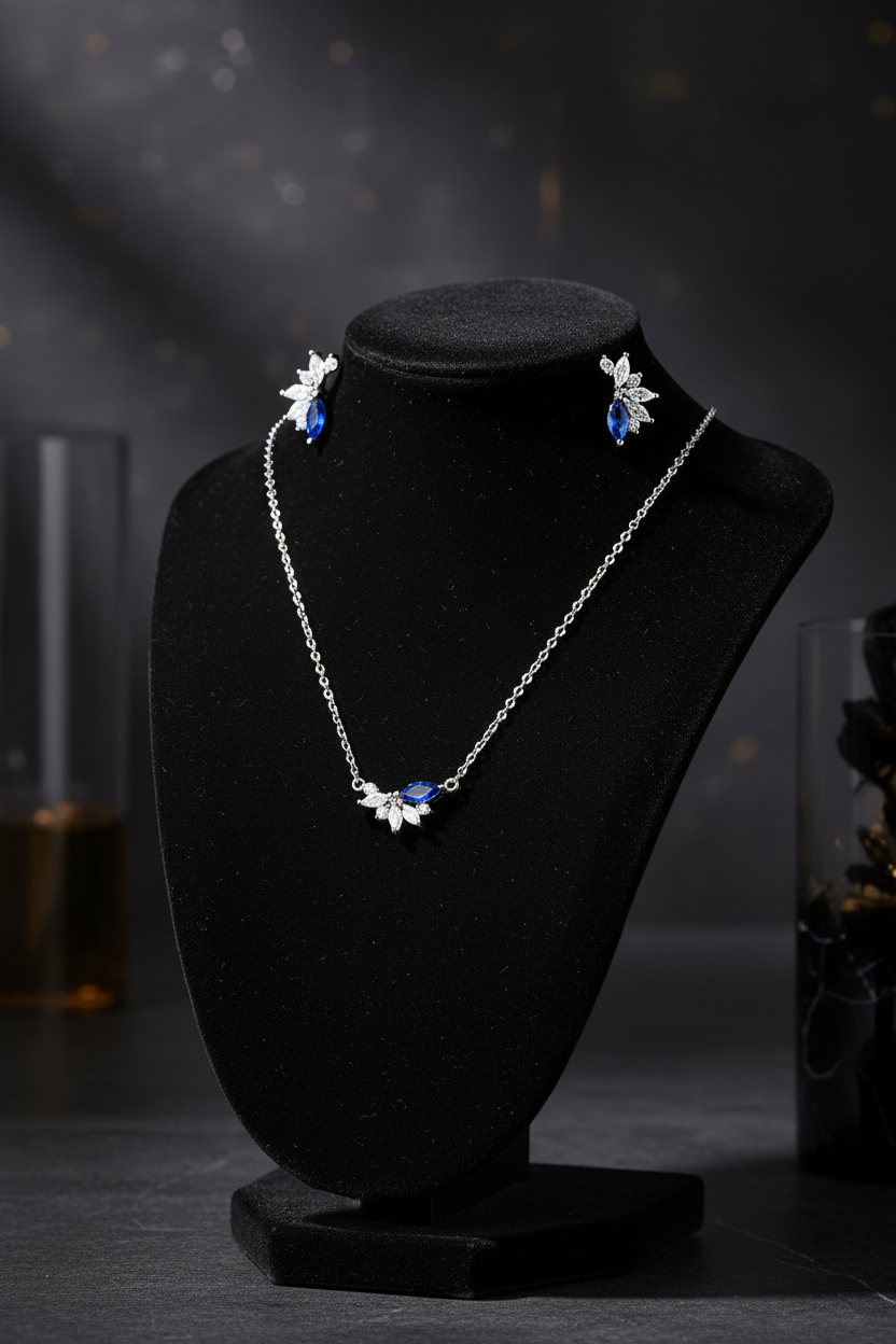 Blue Sapphire CZ Set on Black Velvet Mannequin