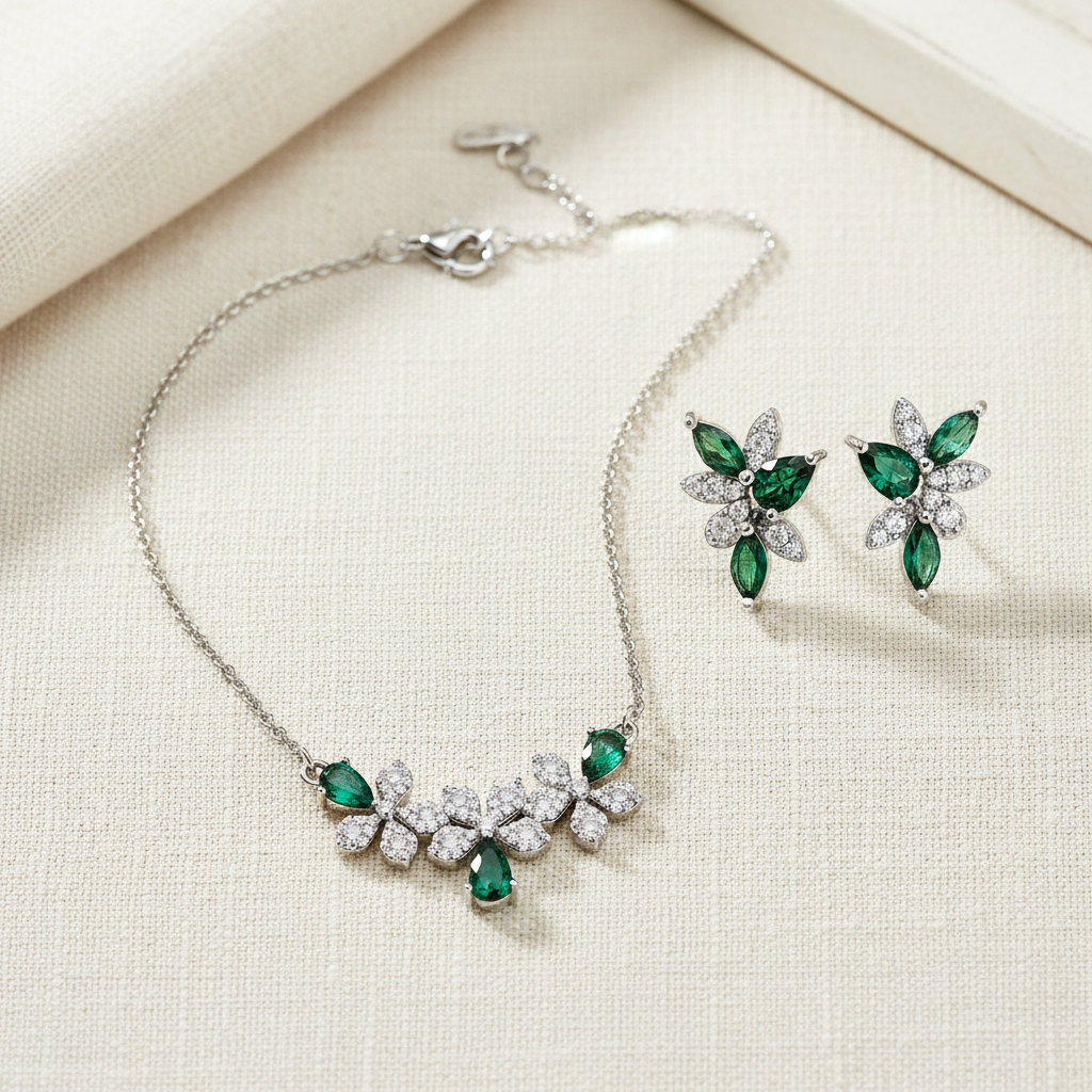 Emerald Floral CZ Set Flat Lay on Linen v2