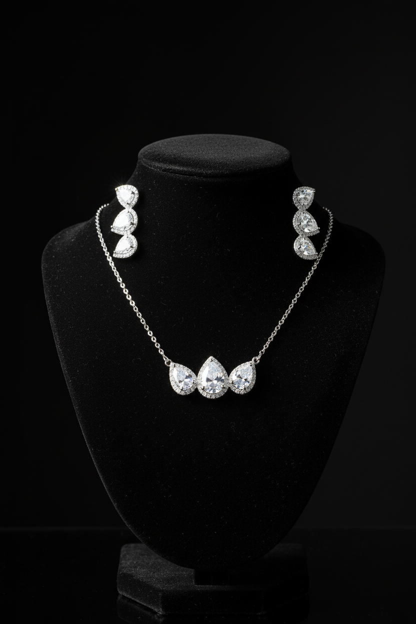 Triple Pear Halo CZ Set on Black Velvet Mannequin