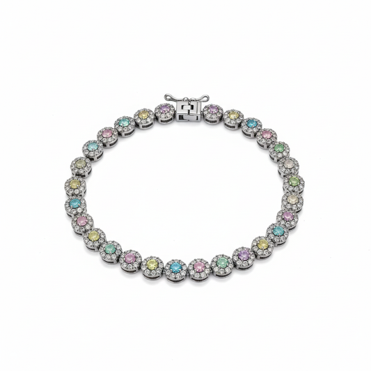 Multicolour Halo Tennis Bracelet with Clasp Visible