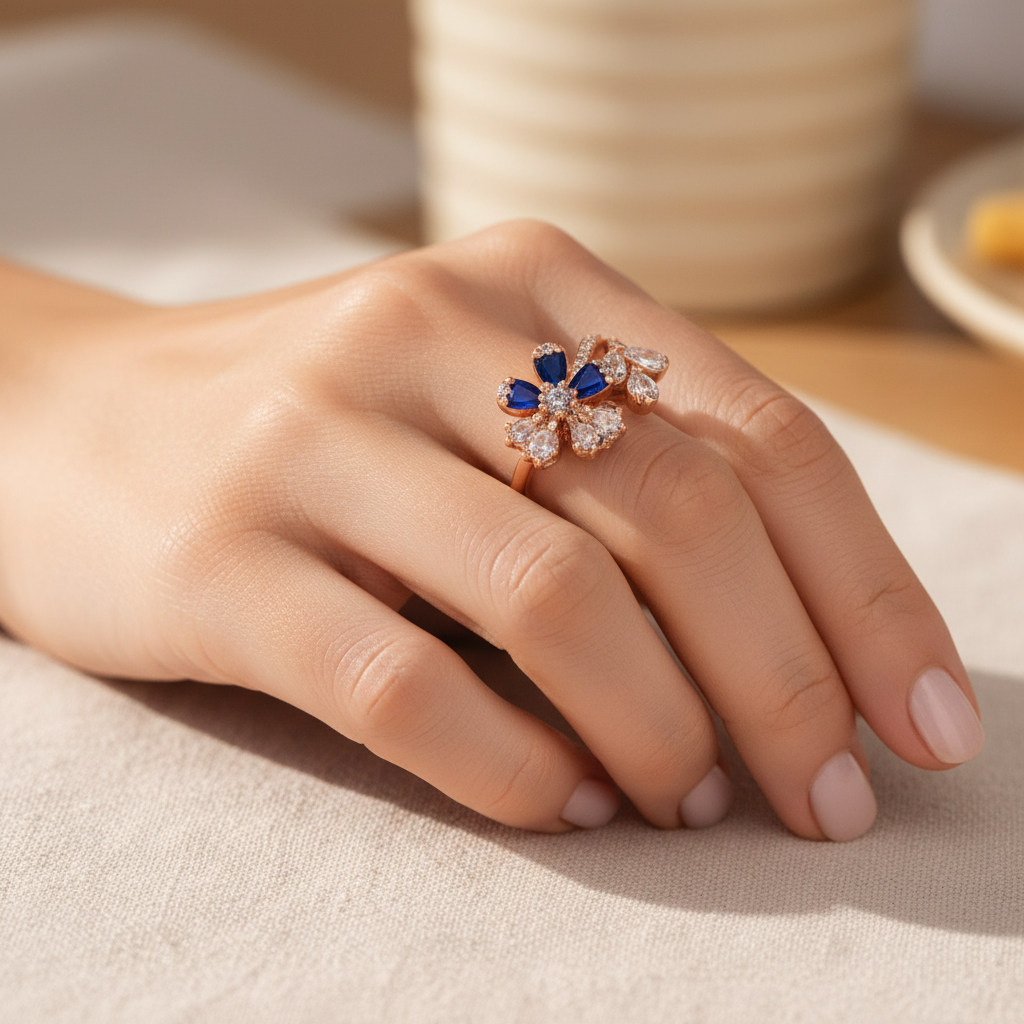Rose Gold Floral Ring - Realistic Lifestyle Shot