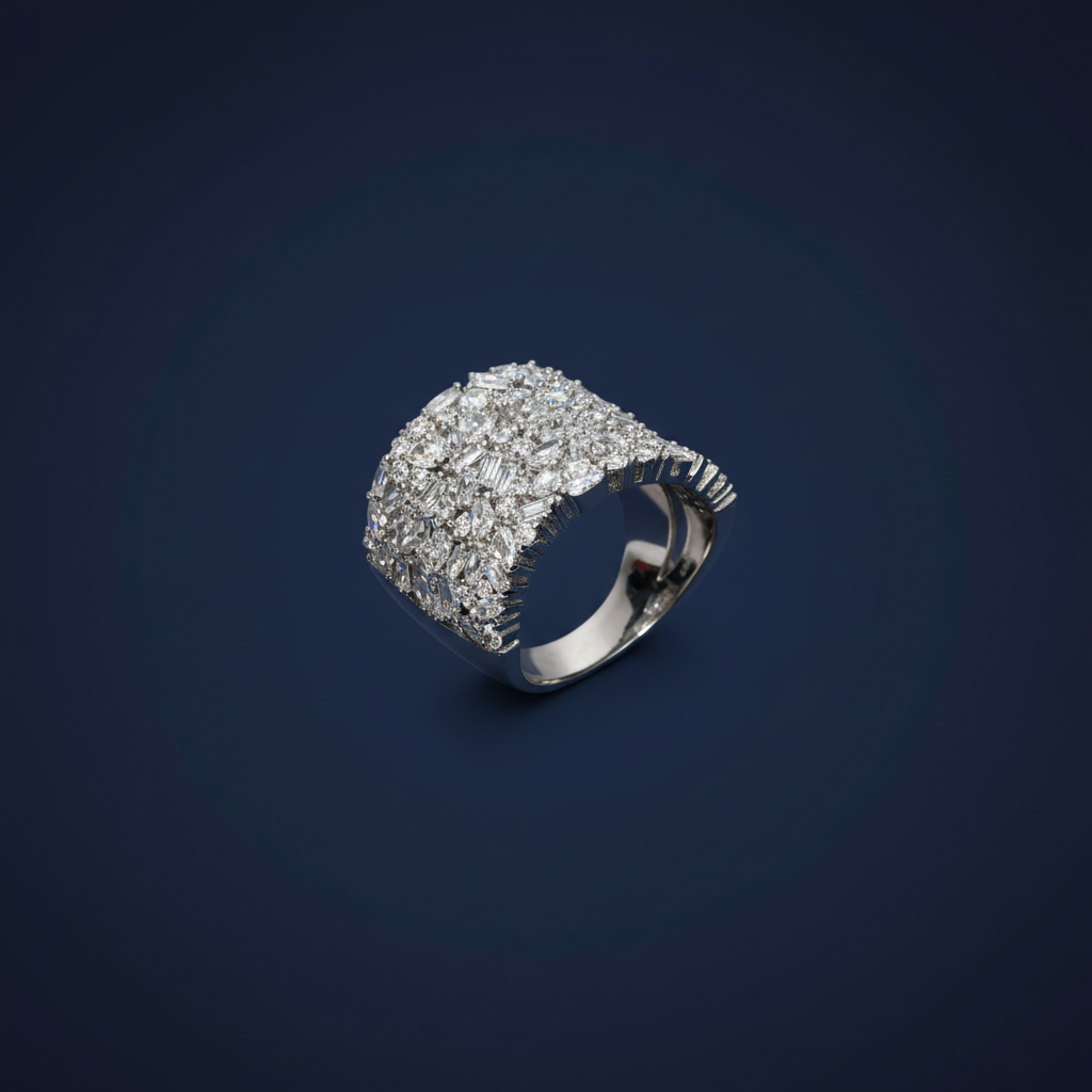 Silver Wide Marquise Cluster Ring Blue Background