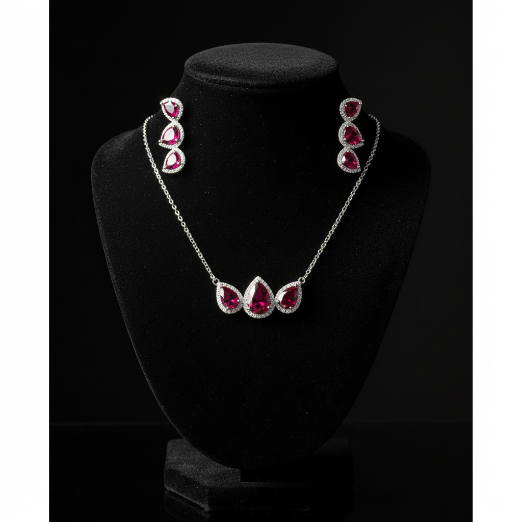Triple Pear Halo CZ Set Ruby Red — Black Velvet Bust