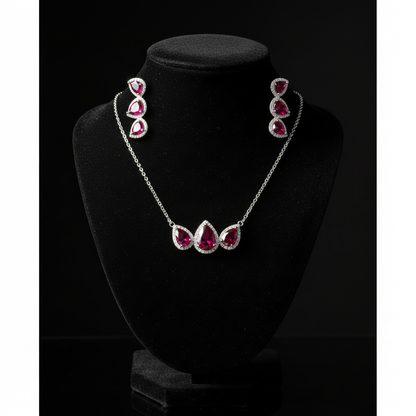 Triple Pear Halo CZ Set Ruby Red — Black Velvet Bust