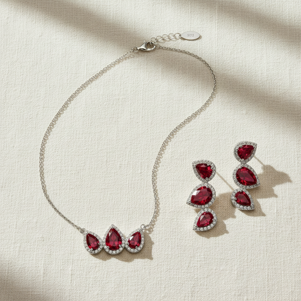 Triple Pear Halo CZ Set Ruby Red — Linen Flat Lay